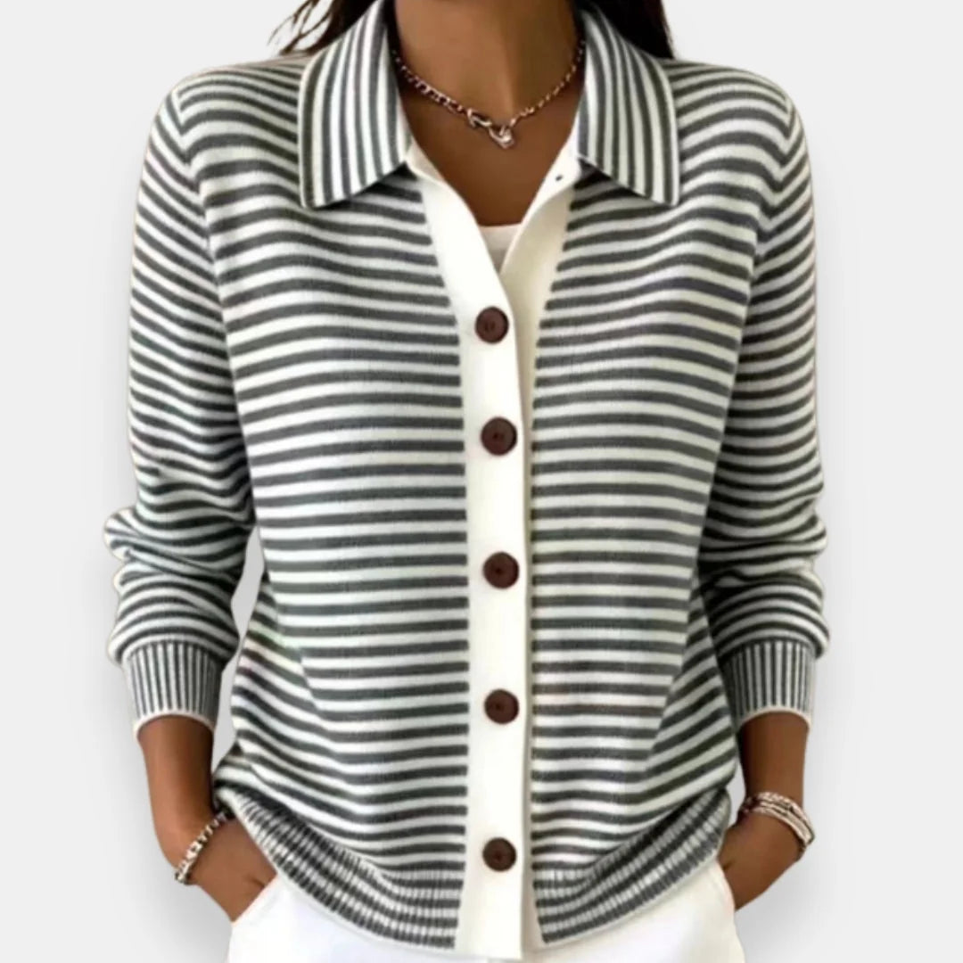 Black Women's Striped Button-Front Cardigan with Collar & Ribbed Cuffs — Vera