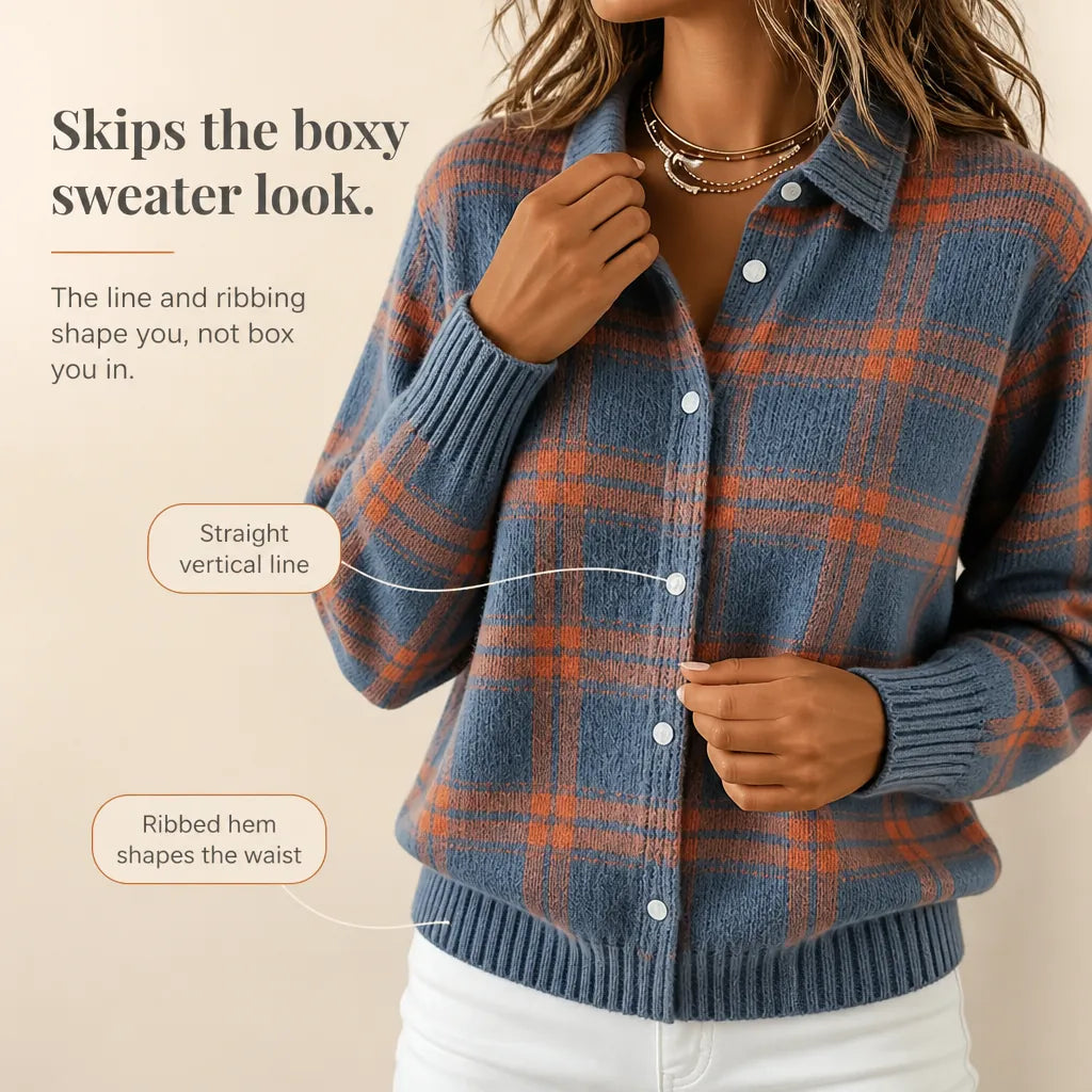 Women's Plaid Cardigan with Button-Front Shirt Collar - Orange Plaid Infographic Fit Detail