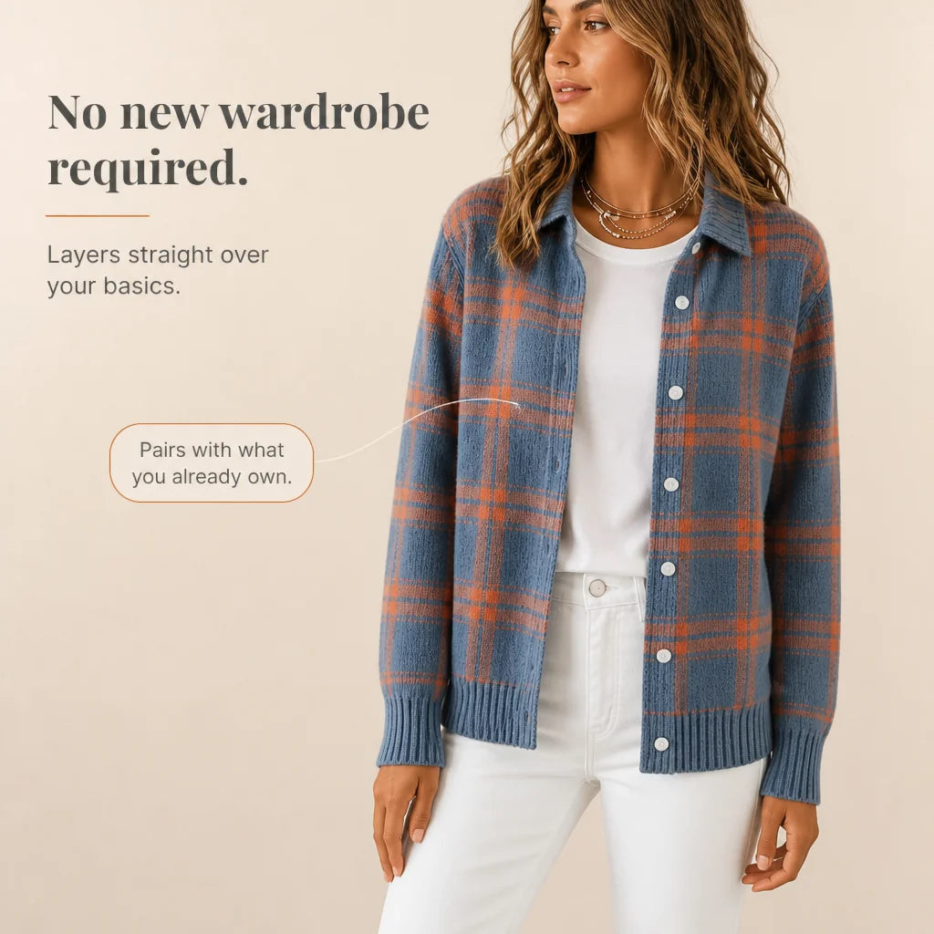 Women's Plaid Cardigan with Button-Front Shirt Collar - Orange Plaid Layered Over Tee