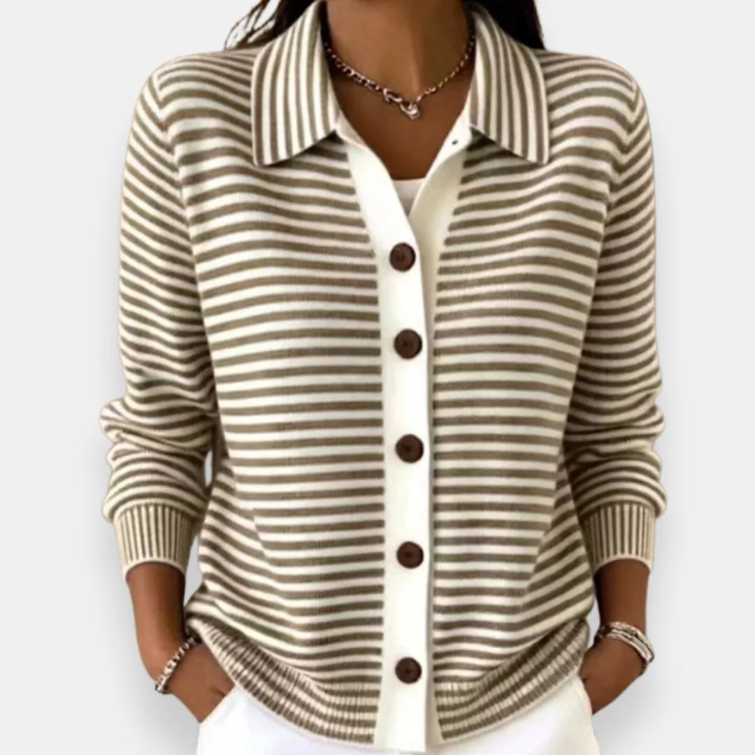 Brown Women's Striped Button-Front Cardigan with Collar & Ribbed Cuffs — Vera