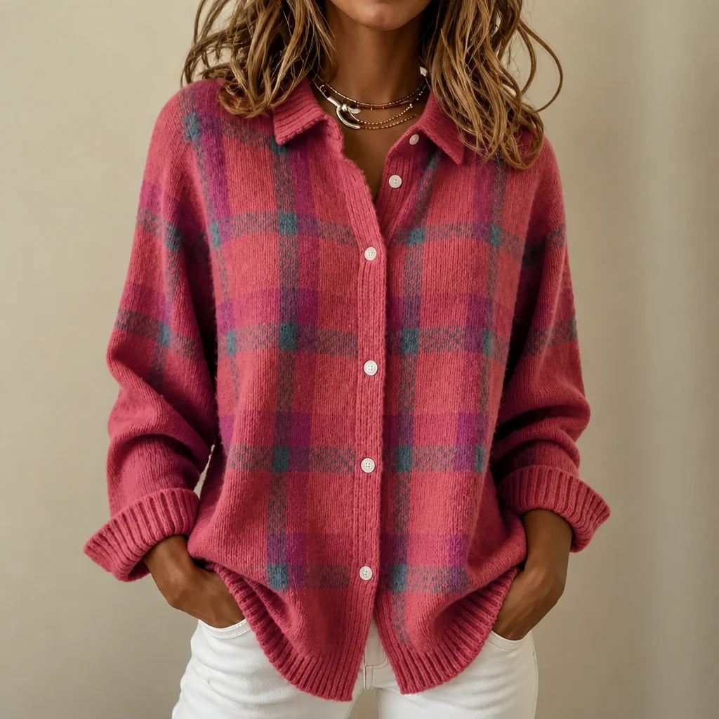 Coral Pink Women's Plaid Cardigan with Button-Front Shirt Collar