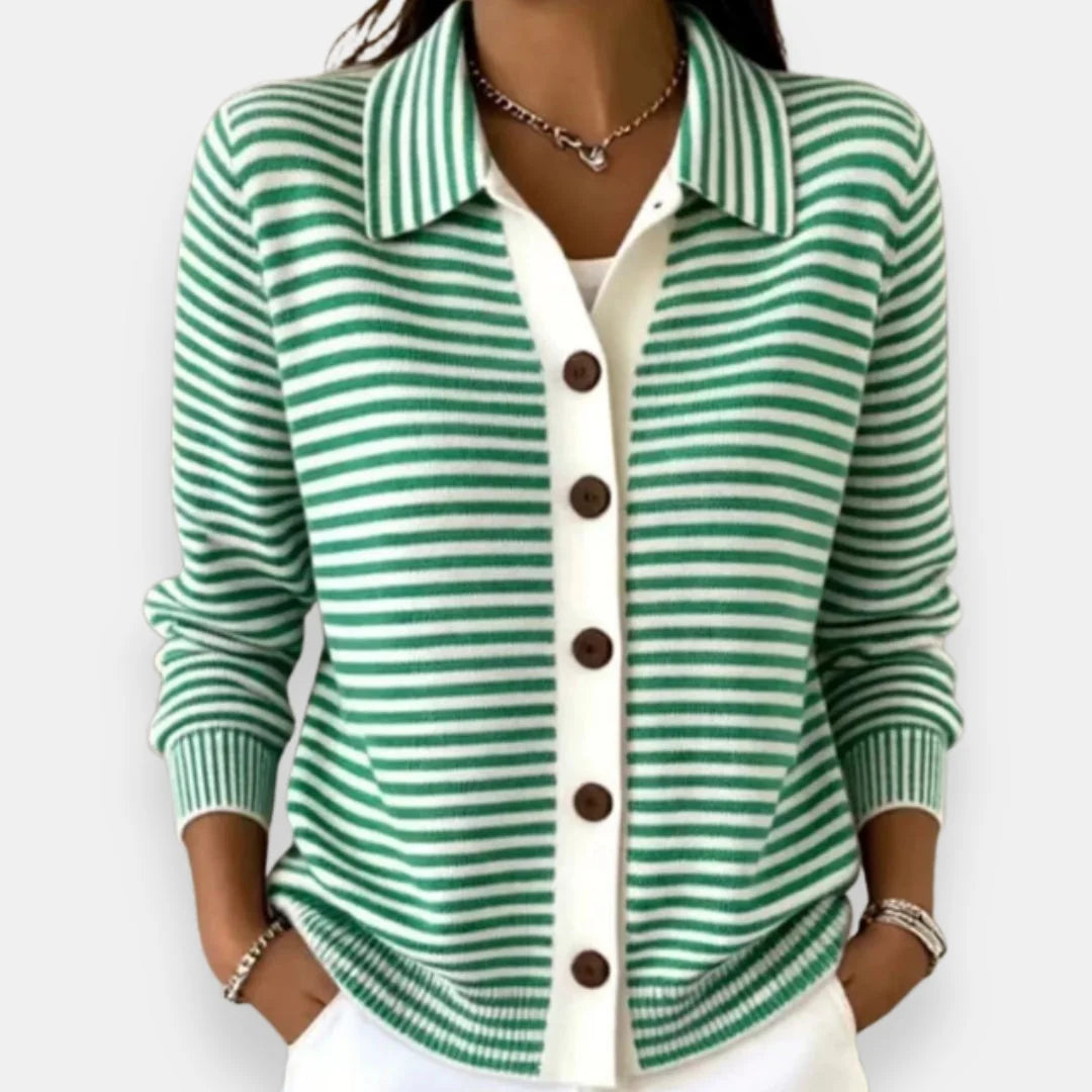 Green Women's Striped Button-Front Cardigan with Collar & Ribbed Cuffs — Vera