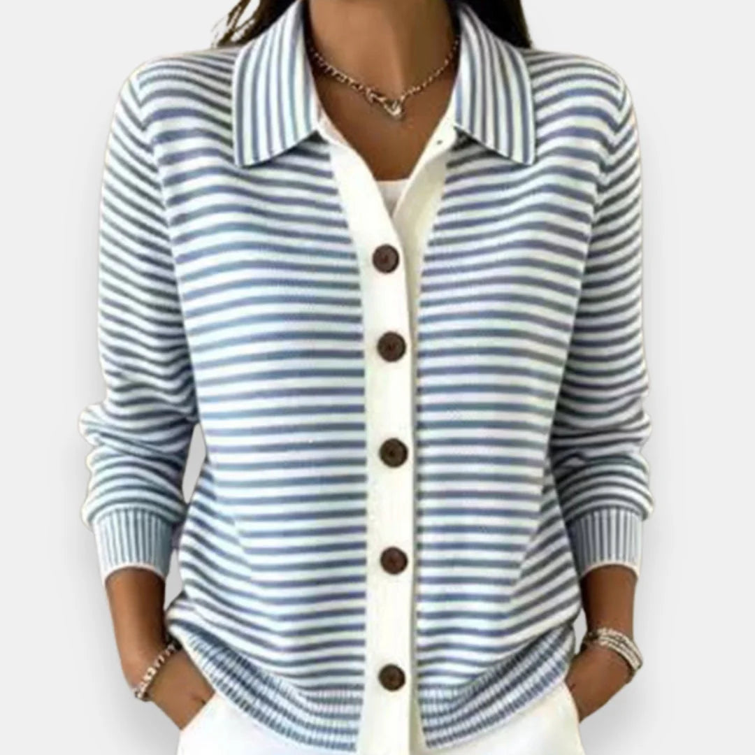 Light Blue Women's Striped Button-Front Cardigan with Collar & Ribbed Cuffs — Vera
