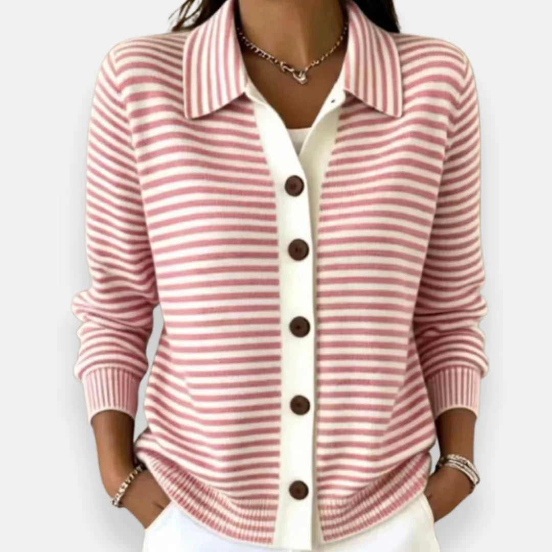 Pink Women's Striped Button-Front Cardigan with Collar & Ribbed Cuffs — Vera