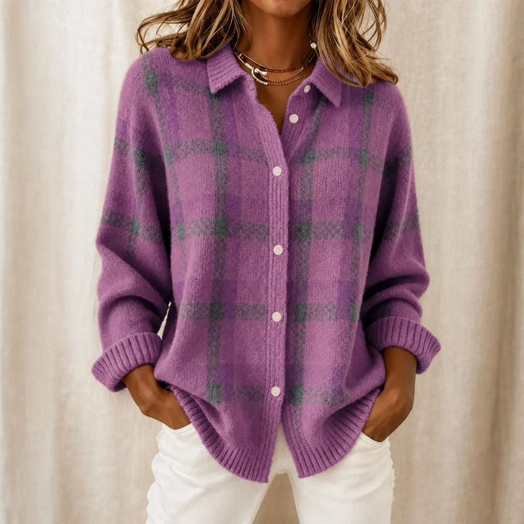 Lilac Women's Plaid Cardigan with Button-Front Shirt Collar - Front Close