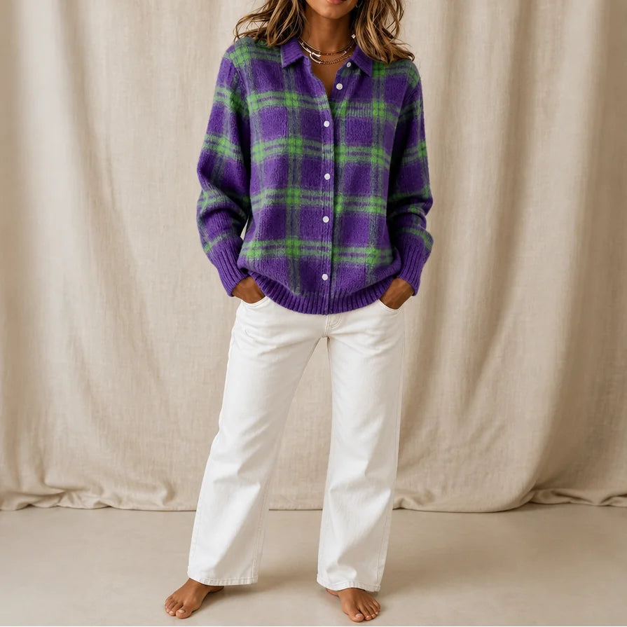 Purple Green Women's Plaid Cardigan with Button-Front Shirt Collar