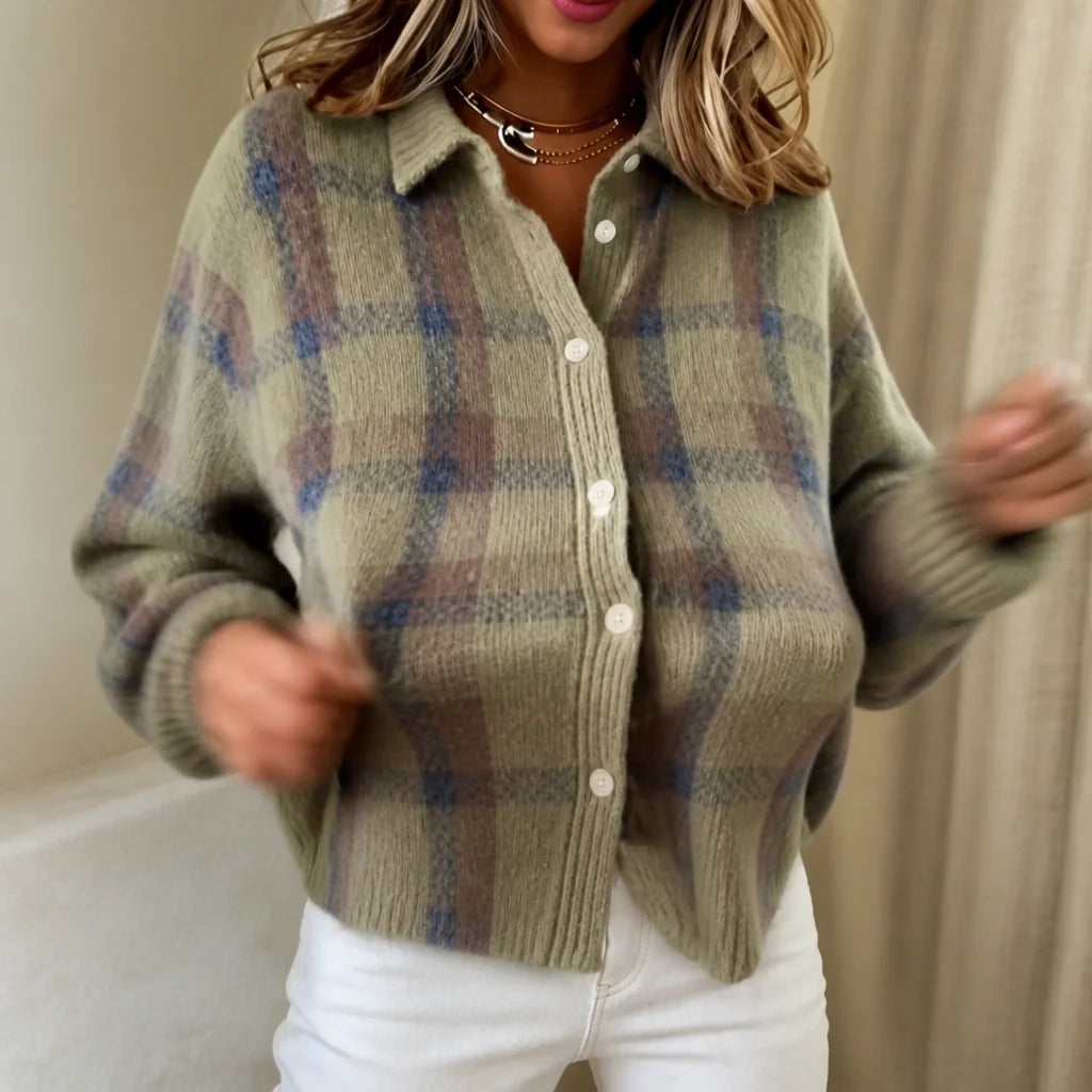 Sage Multi Women's Plaid Cardigan with Button-Front Shirt Collar