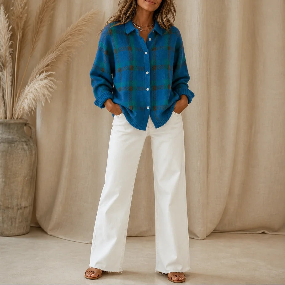 Teal Green Women's Plaid Cardigan with Button-Front Shirt Collar