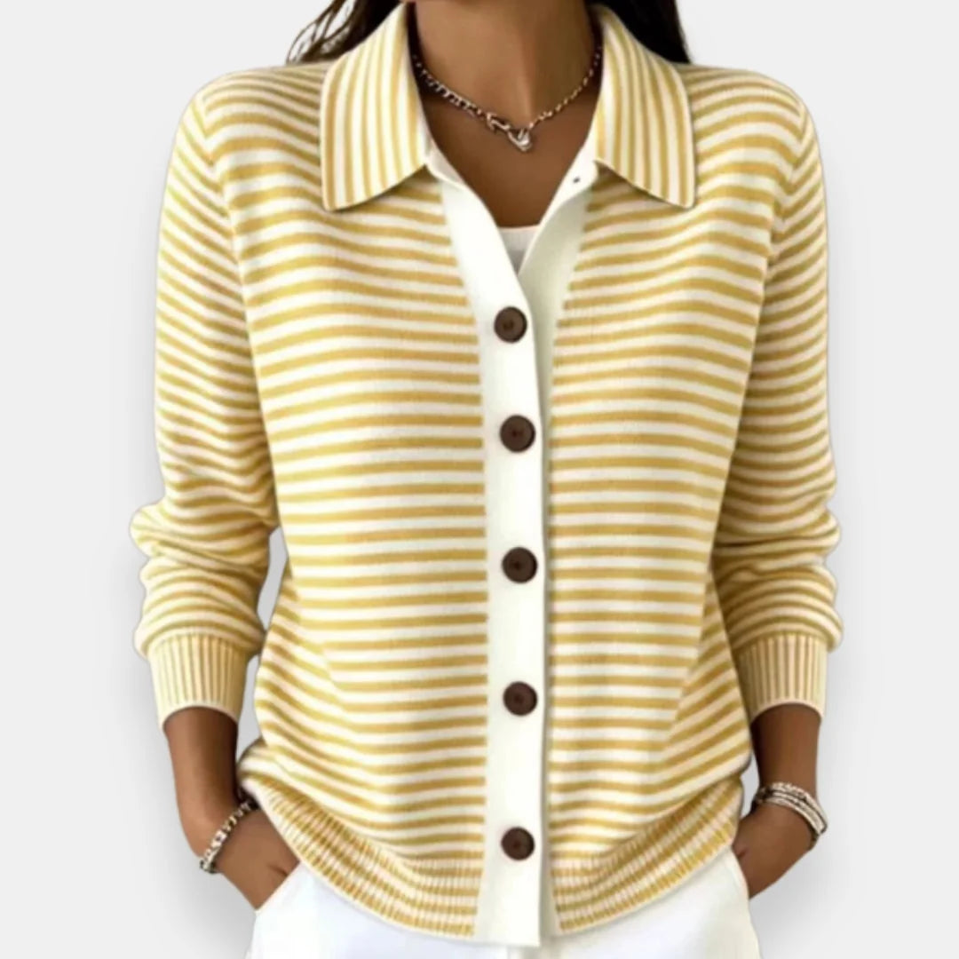 Yellow Women's Striped Button-Front Cardigan with Collar & Ribbed Cuffs — Vera