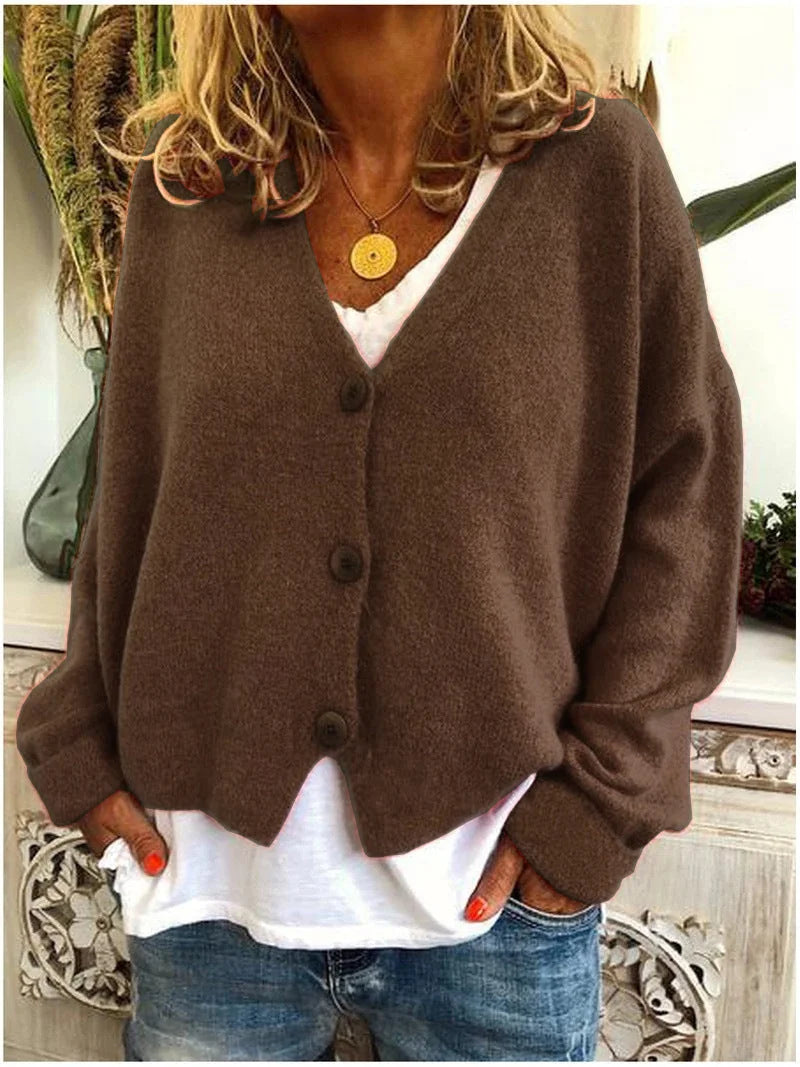 Brown Women's Button-Front Knit Cardigan with V-Neck & Long Sleeves