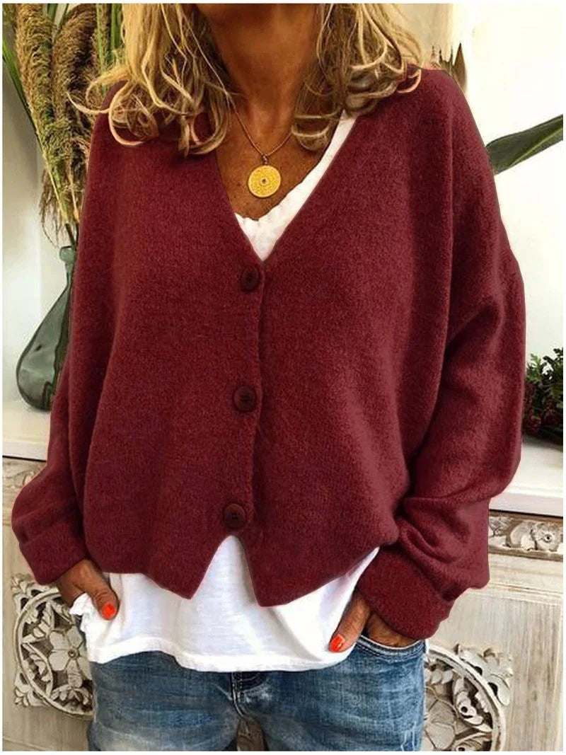 Chestnut Brown Women's Button-Front Knit Cardigan with V-Neck & Long Sleeves - Front Outdoor