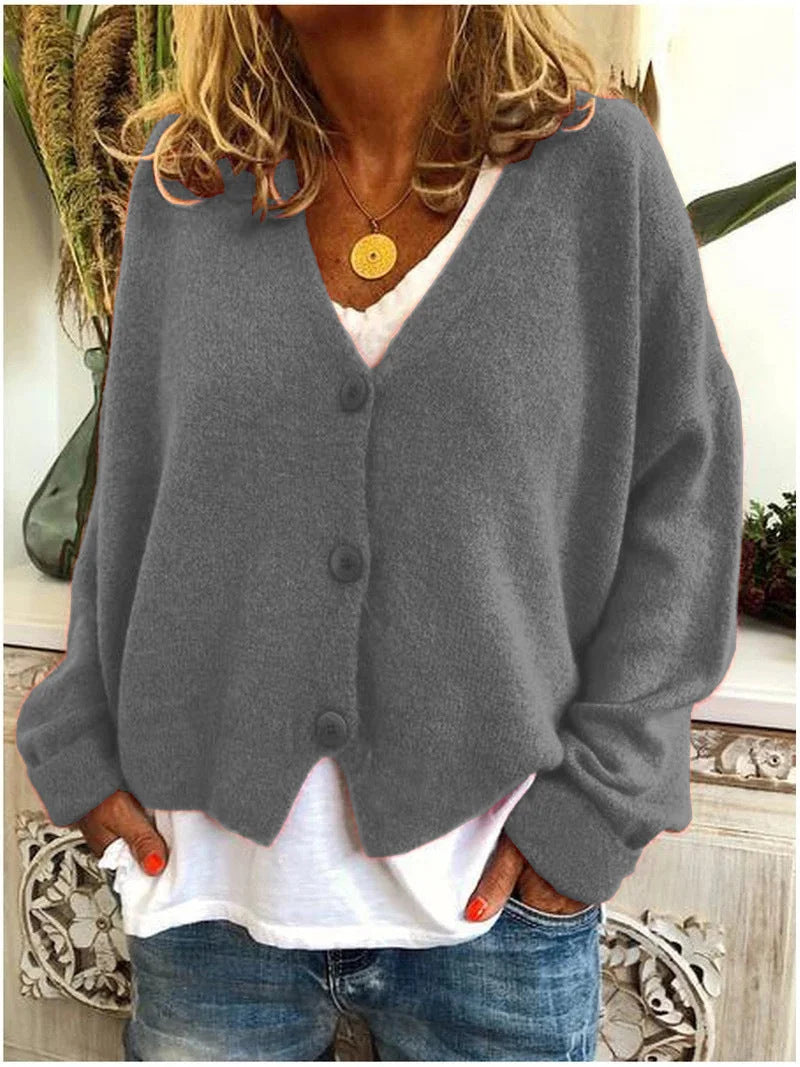 Grey Women's Button-Front Knit Cardigan with V-Neck & Long Sleeves