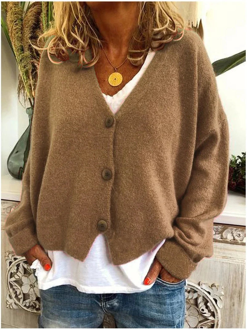 Khaki Women's Button-Front Knit Cardigan with V-Neck & Long Sleeves