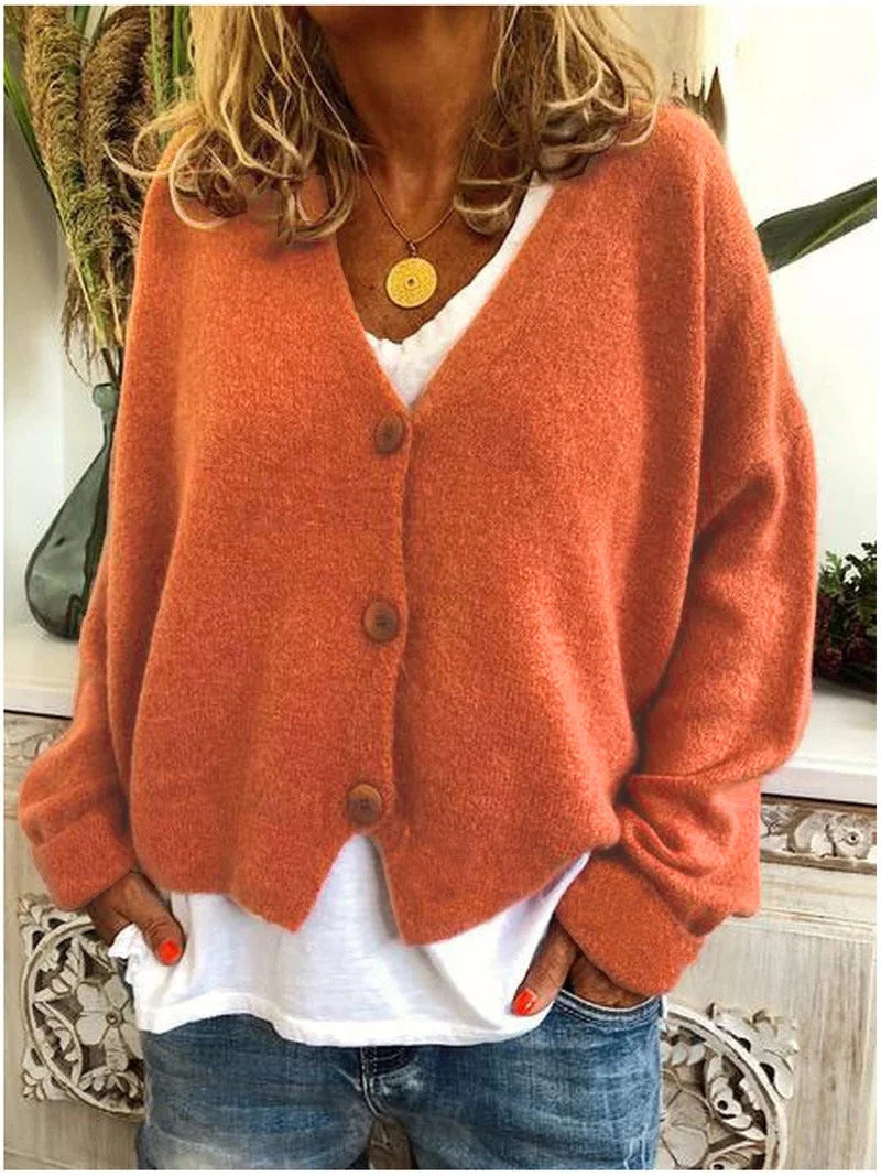 Orange Women's Button-Front Knit Cardigan with V-Neck & Long Sleeves