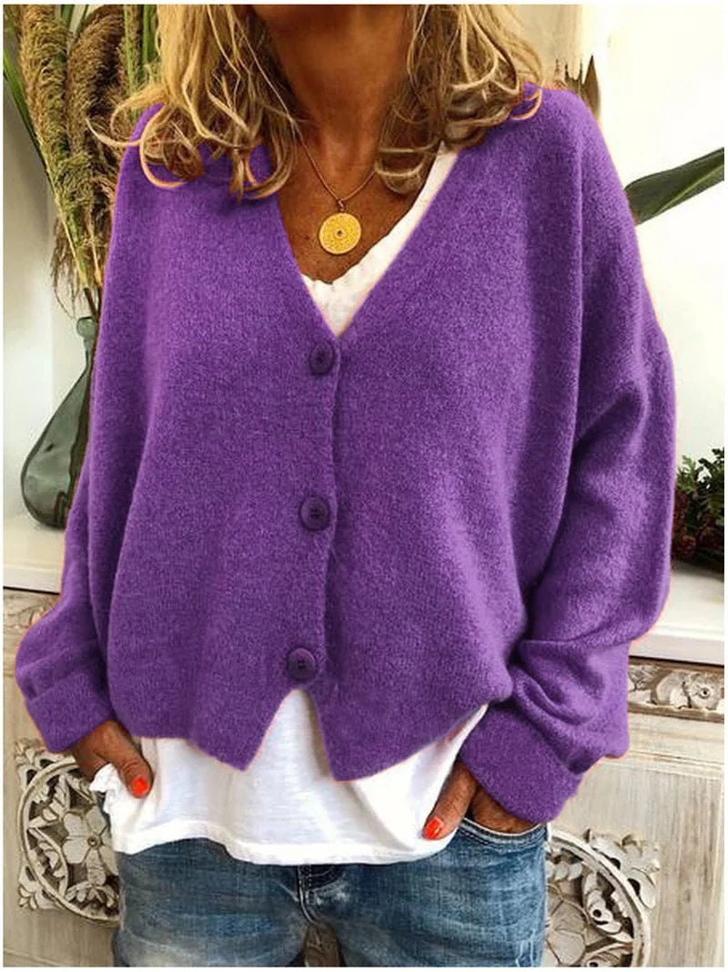 Lilac Women's Button-Front Knit Cardigan with V-Neck & Long Sleeves - Torso Front