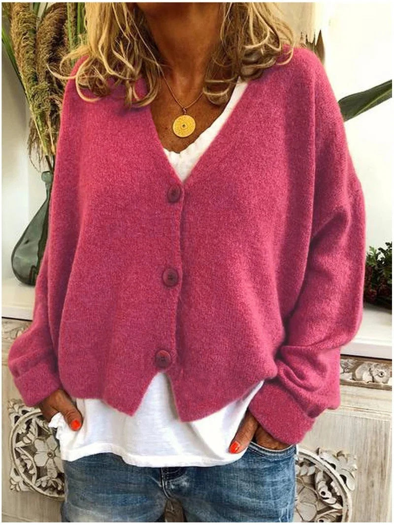 Rose Red Women's Button-Front Knit Cardigan with V-Neck & Long Sleeves - Front Casual