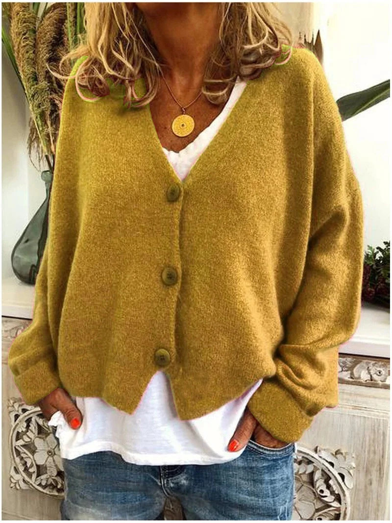 Yellow Women's Button-Front Knit Cardigan with V-Neck & Long Sleeves