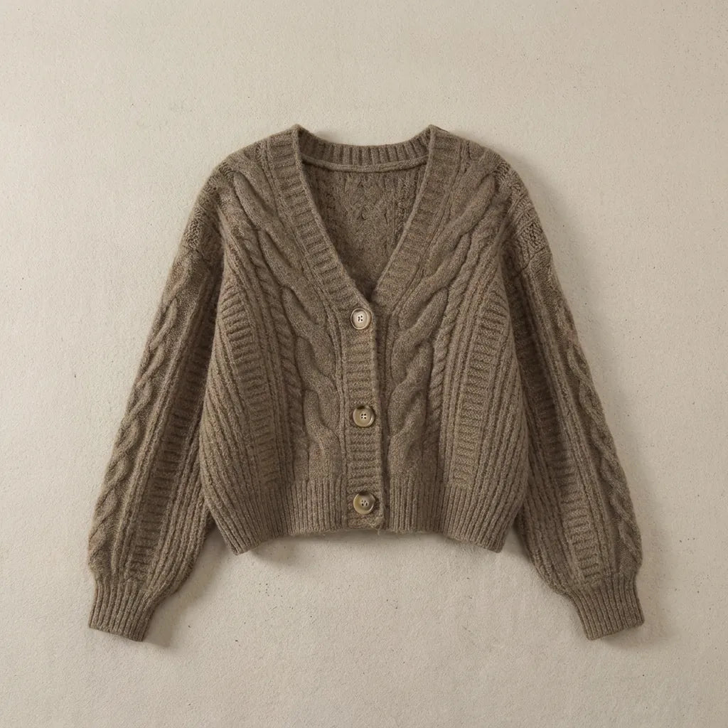 Brown Women's Cropped Cardigan with Cable Knit & Button-Front Closure