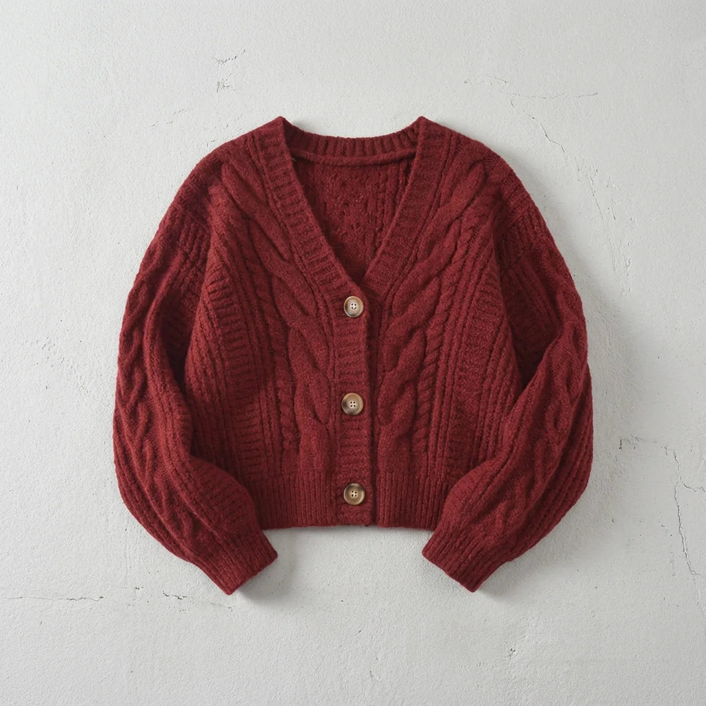 Red Women's Cropped Cardigan with Cable Knit & Button-Front Closure — Juliette
