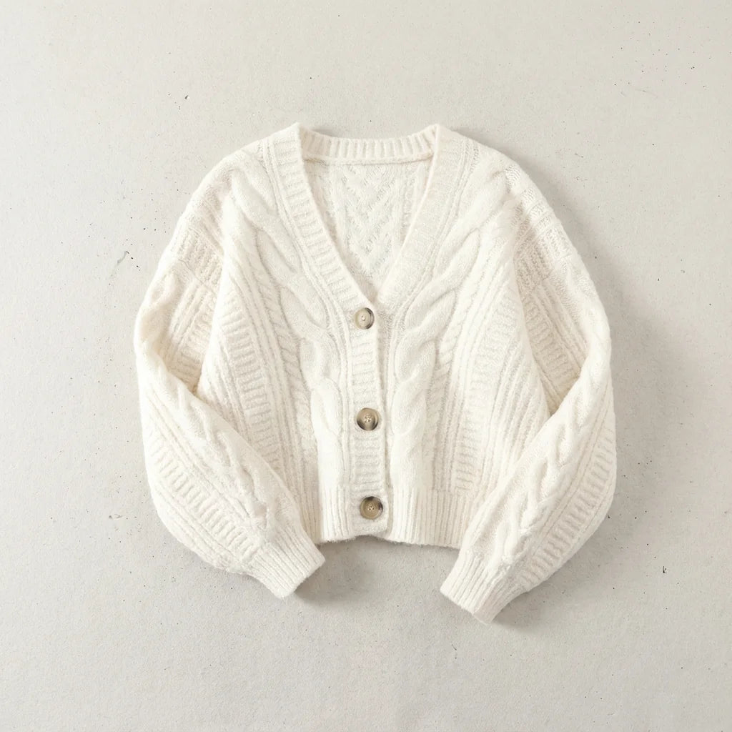 White Women's Cropped Cardigan with Cable Knit & Button-Front Closure