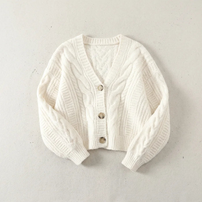 White Women's Cropped Cardigan with Cable Knit & Button-Front Closure