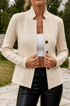 Khaki Women's Textured Knit Open Front Blazer with Stand Collar & Cropped Fit — Jane