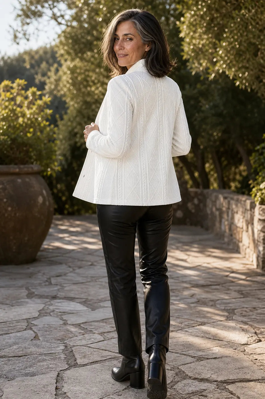 Women's Cable Knit Blazer with Stand Collar & Button-Front Design - Back Full Pose