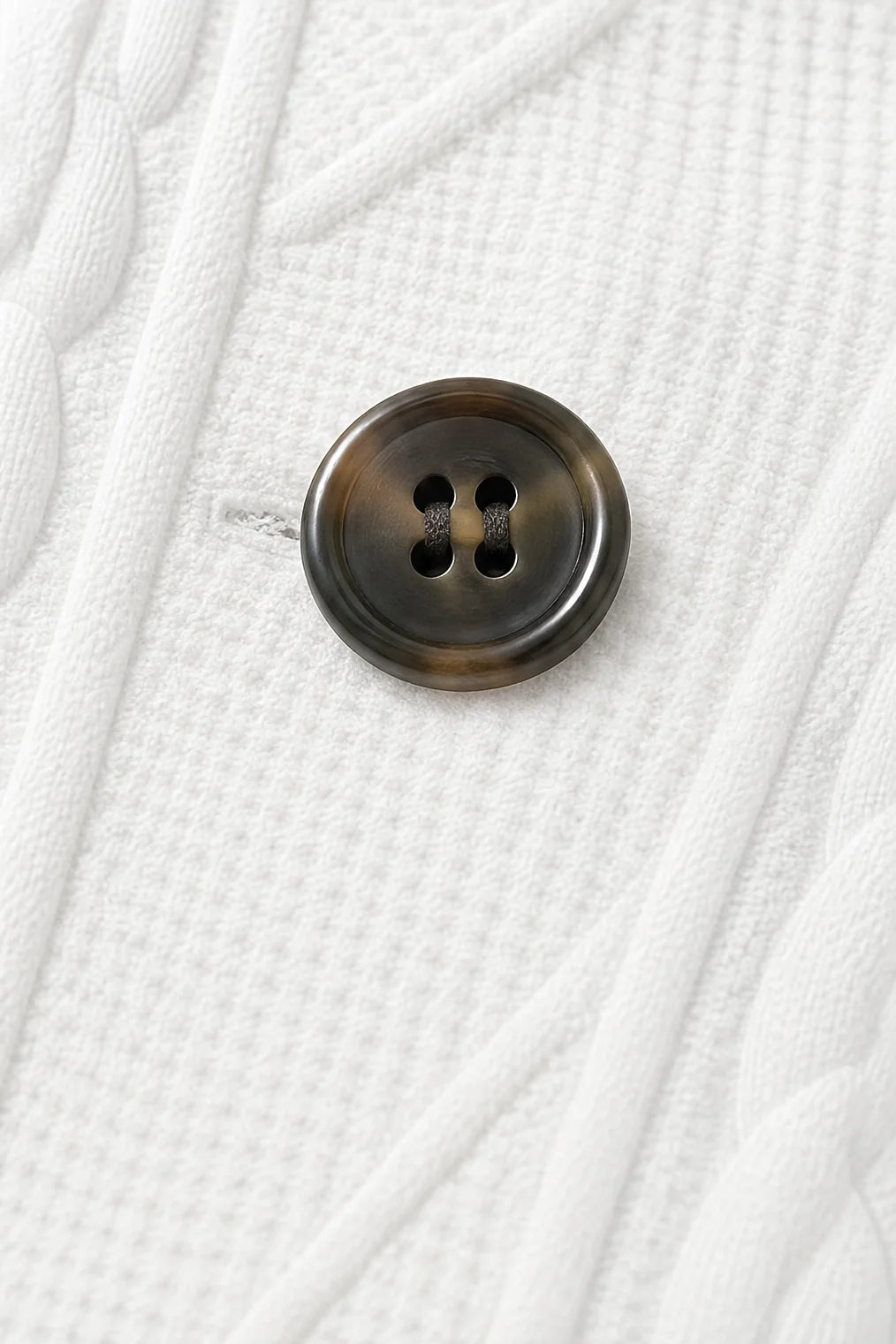 Women's Cable Knit Blazer with Stand Collar & Button-Front Design - Button Closeup Detail