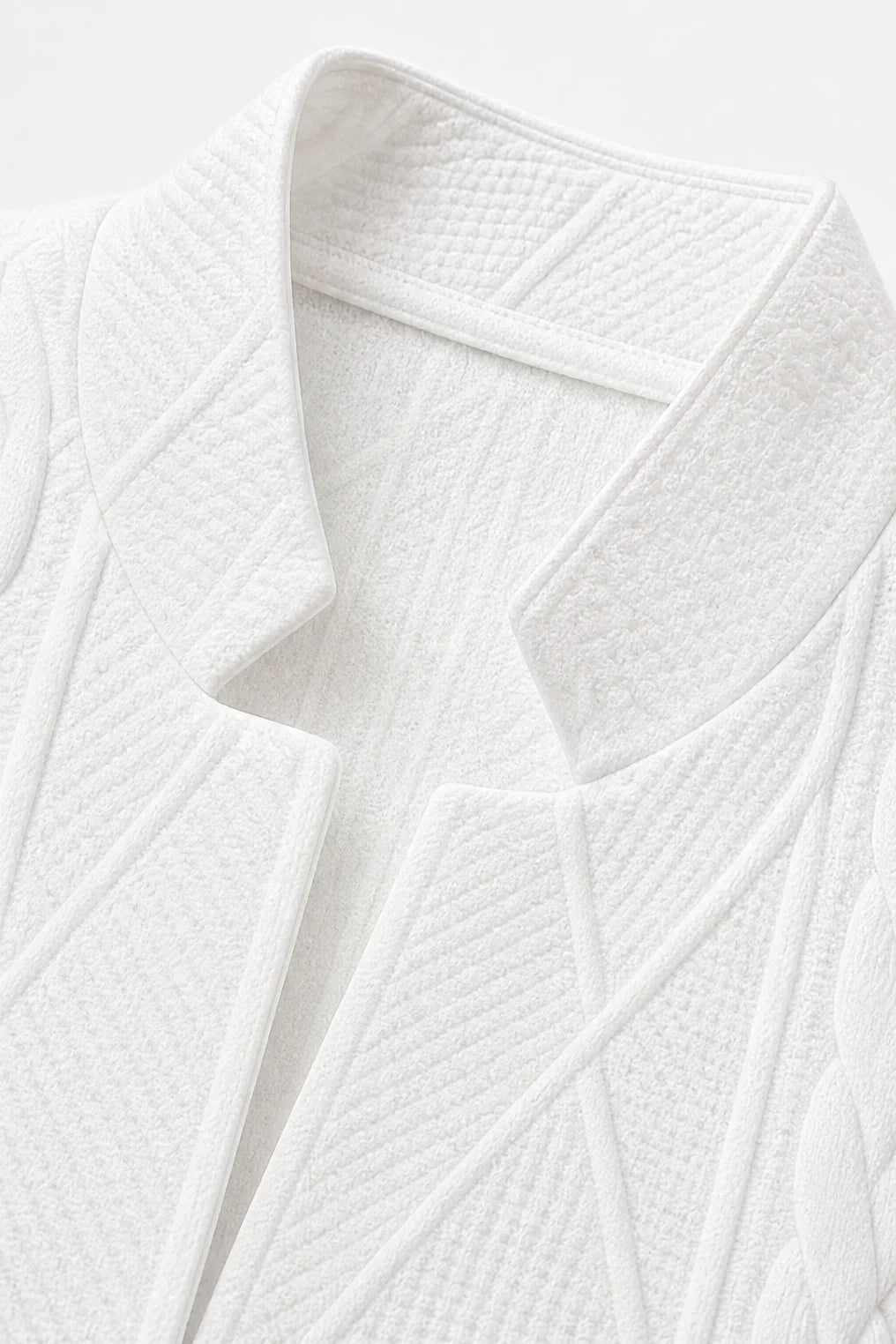 White Women's Textured Knit Open Front Blazer with Stand Collar & Cropped Fit — Jane - Collar Detail