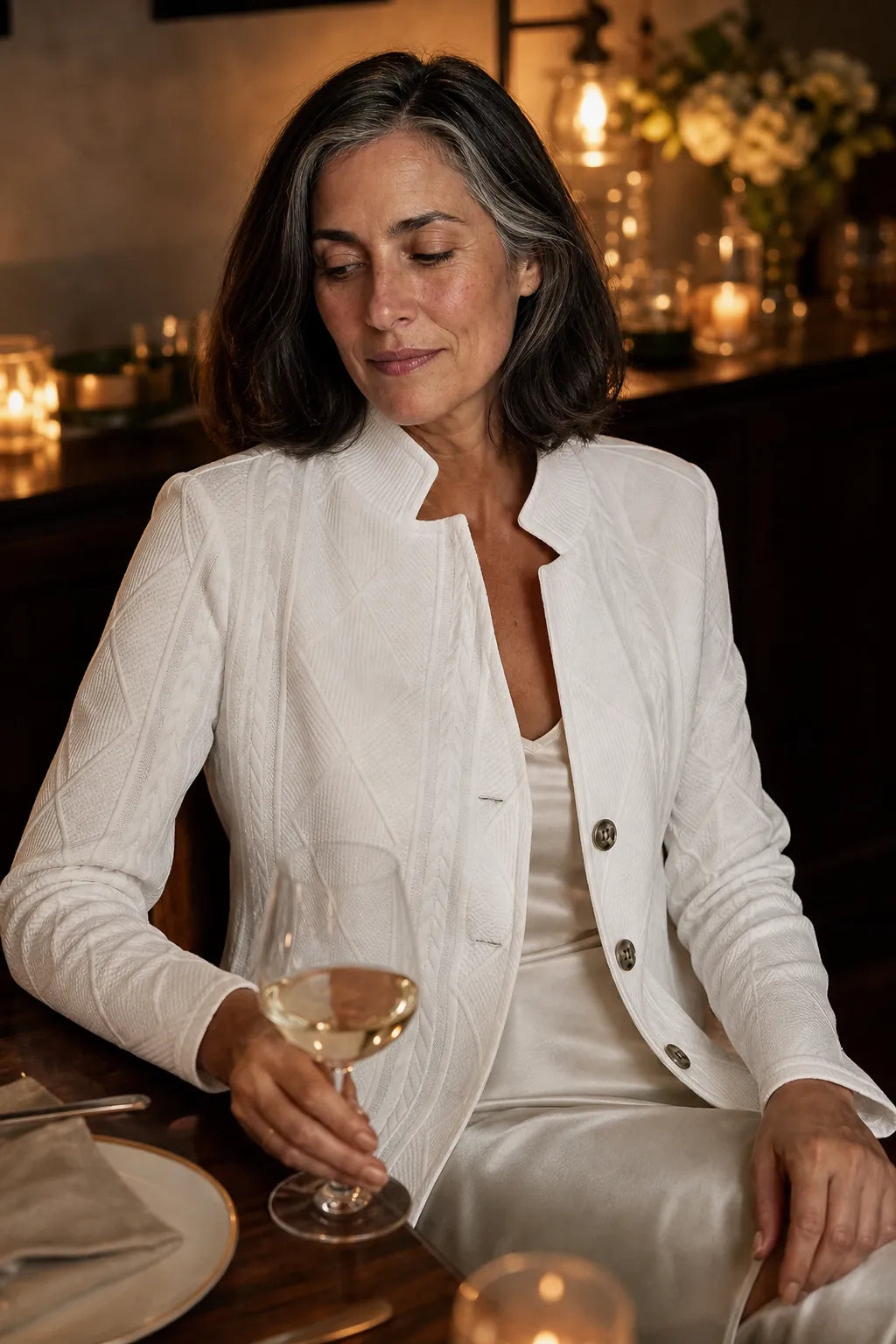 Women's Cable Knit Blazer with Stand Collar & Button-Front Design - Dinner Table Closeup