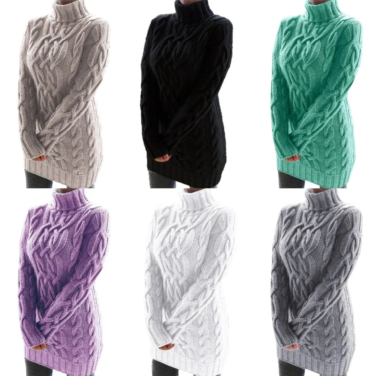 Women's Cable Knit Sweater Dress with Turtleneck & Long Sleeves - Color Swatch Grid