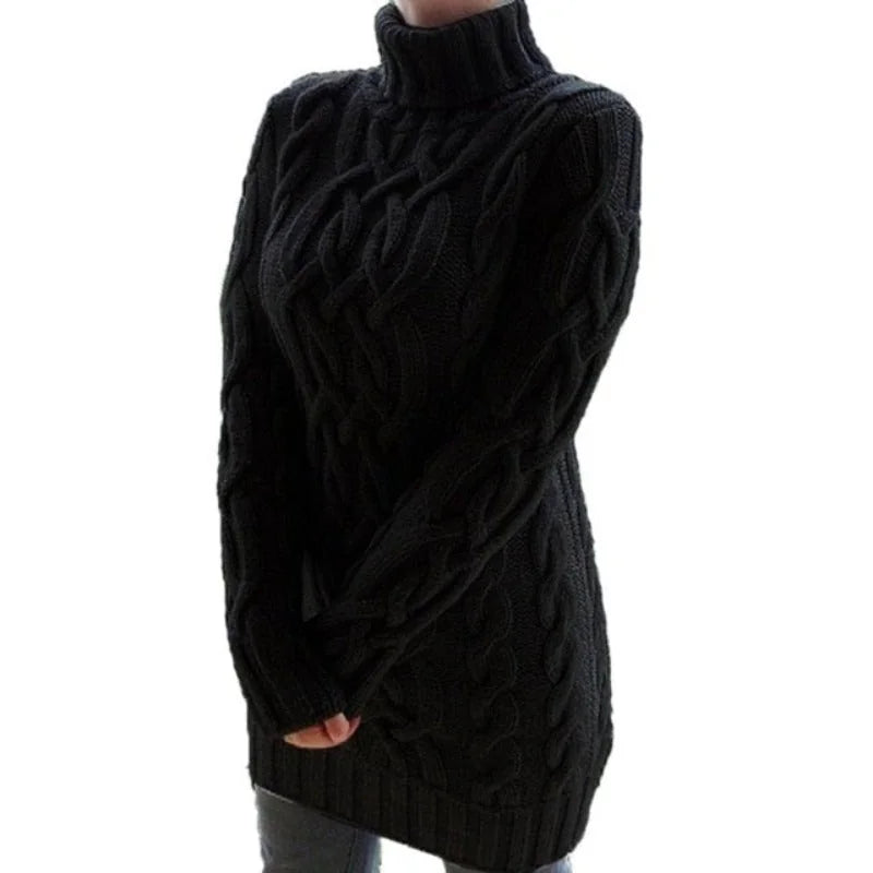 Black Women's Cable Knit Sweater Dress with Turtleneck & Long Sleeves