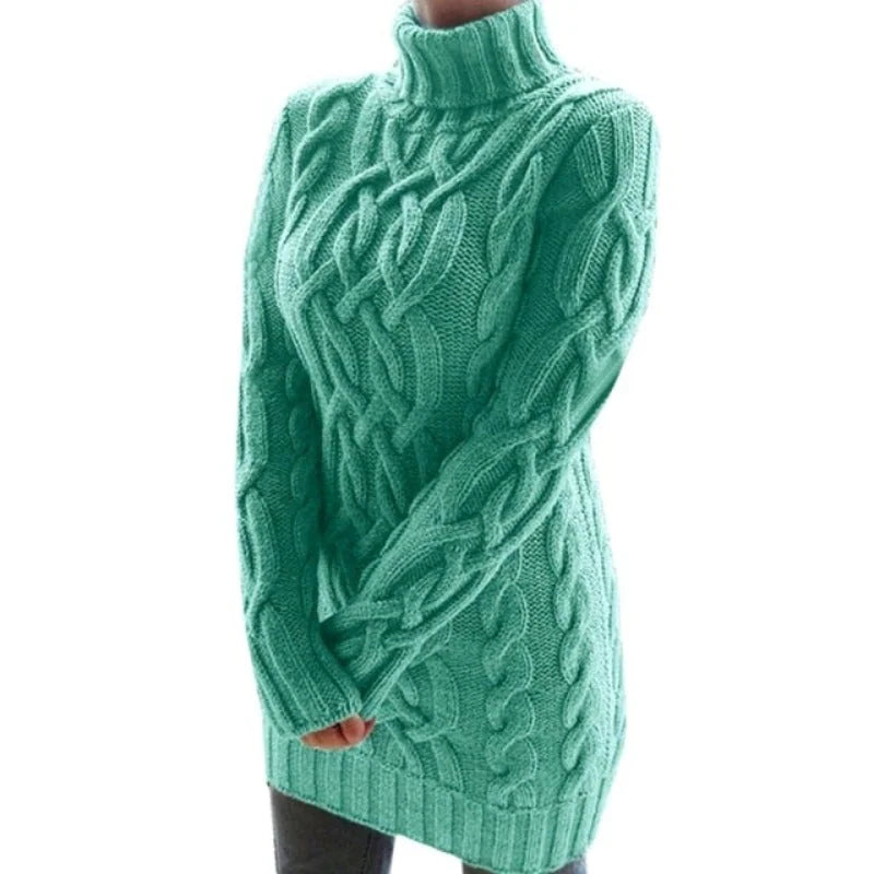 Green Women's Cable Knit Sweater Dress with Turtleneck & Long Sleeves