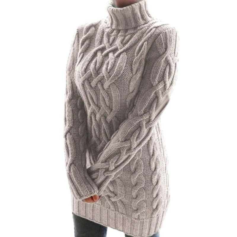 Khaki Women's Cable Knit Sweater Dress with Turtleneck & Long Sleeves