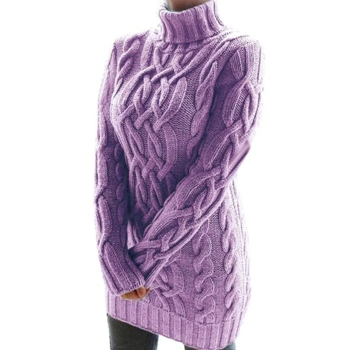 Purple Women's Cable Knit Sweater Dress with Turtleneck & Long Sleeves