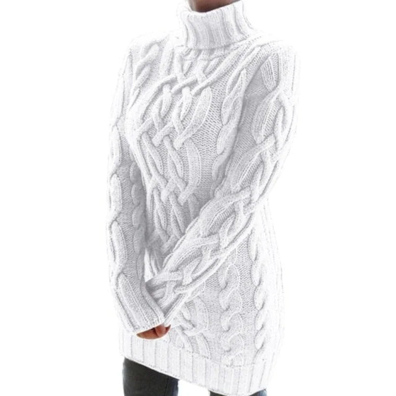 White Women's Cable Knit Sweater Dress with Turtleneck & Long Sleeves