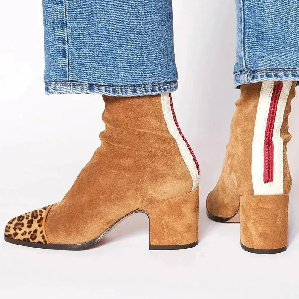 Camel Women's Suede Block Heel Ankle Boots with Square Toe & Sleek Shaft - Back Pose Cognac