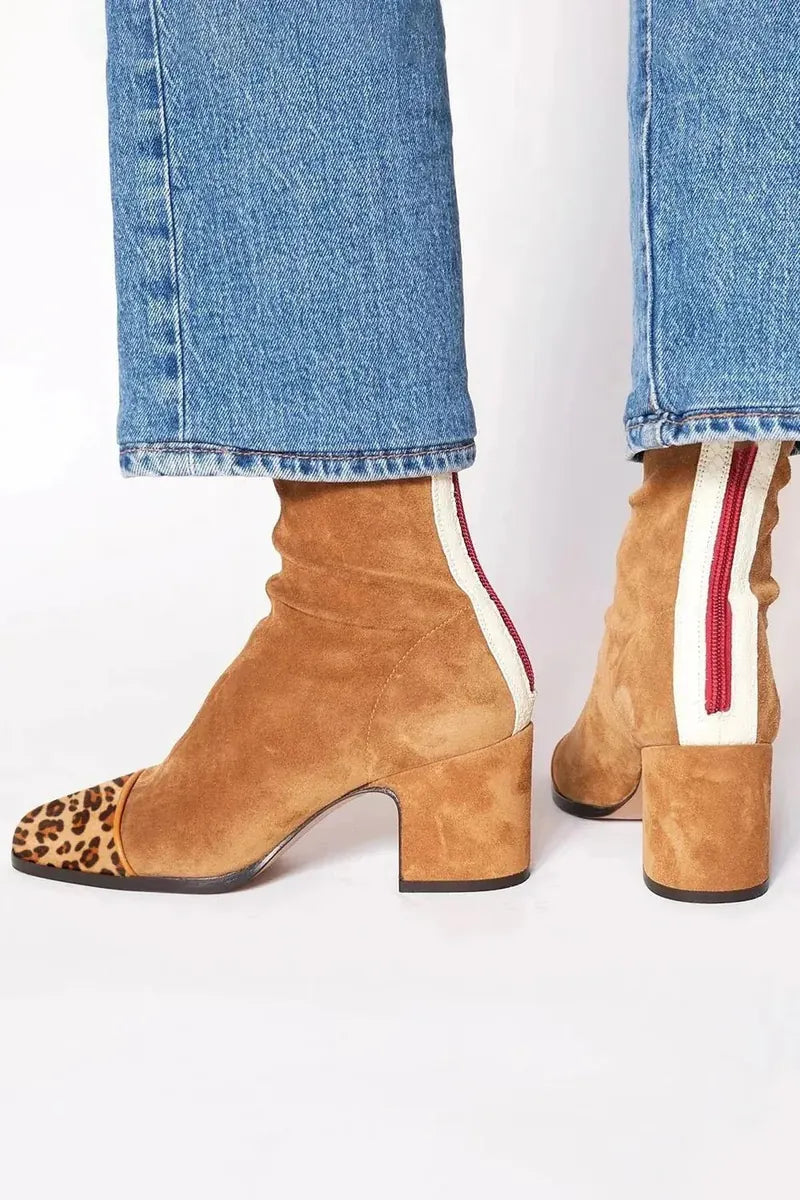 Camel Women's Suede Block Heel Ankle Boots with Square Toe & Sleek Shaft - Side Back View