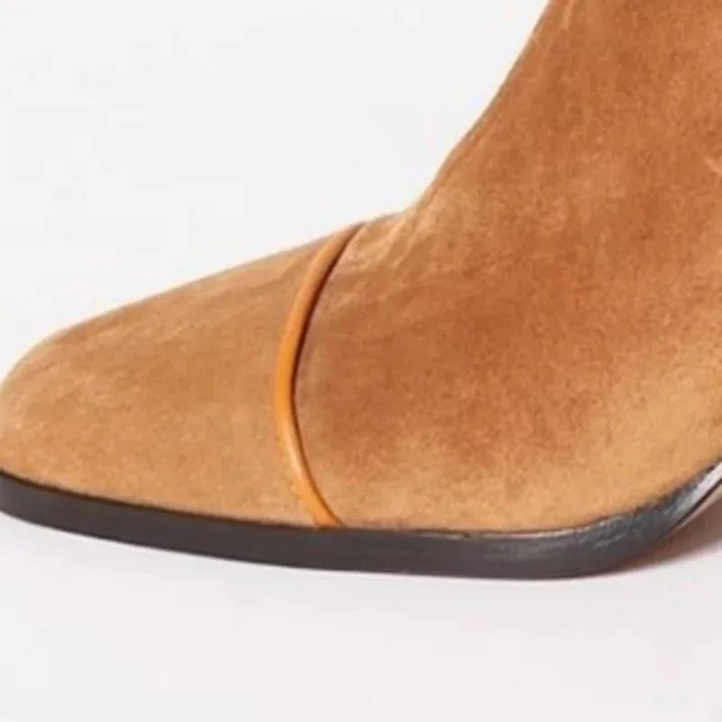 Camel Women's Suede Block Heel Ankle Boots with Square Toe & Sleek Shaft - Toe Close Up