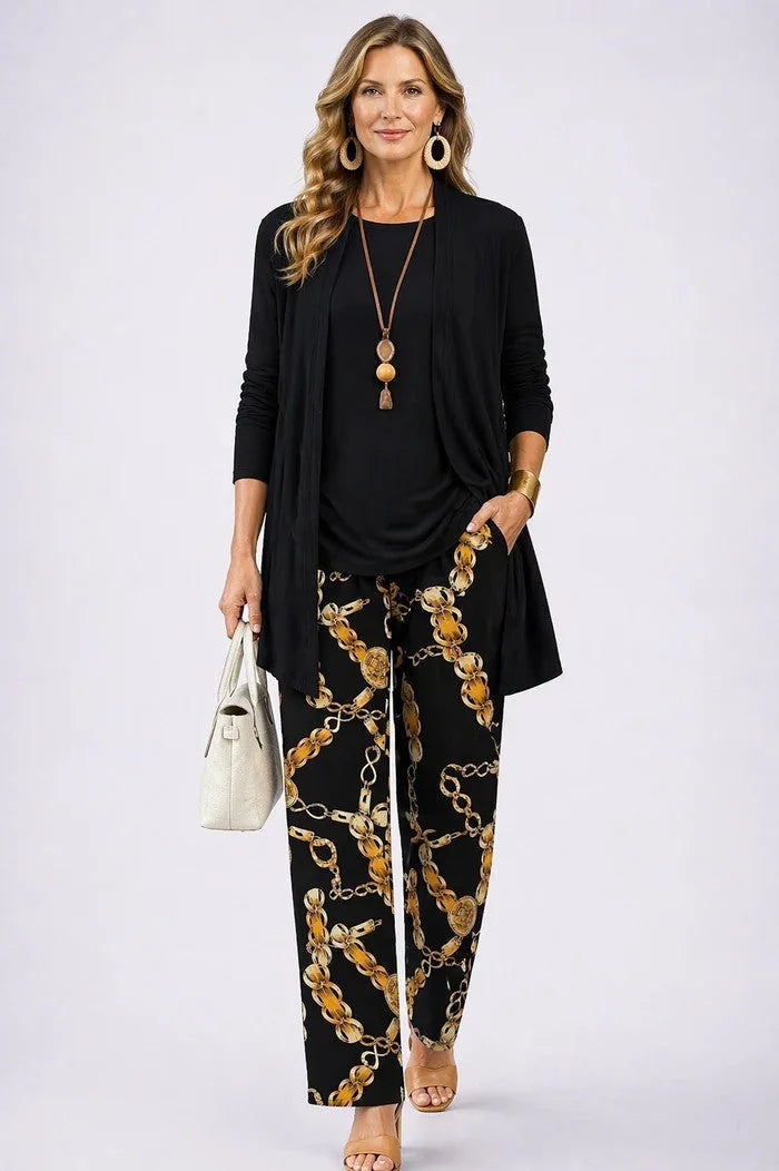Black Women's Cardigan Pants Set with Open-Front Cardigan & Elastic Waist