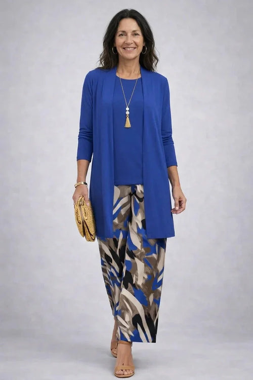 Blue Women's Cardigan Pants Set with Open-Front Cardigan & Elastic Waist - Front Walking