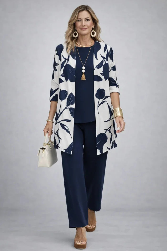 Blue White Women's Cardigan Pants Set with Open-Front Cardigan & Elastic Waist - Front Platform Heels