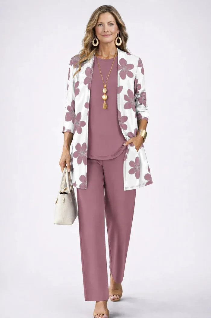 Dusty Pink Women's Cardigan Pants Set with Open-Front Cardigan & Elastic Waist - Front Floral Print