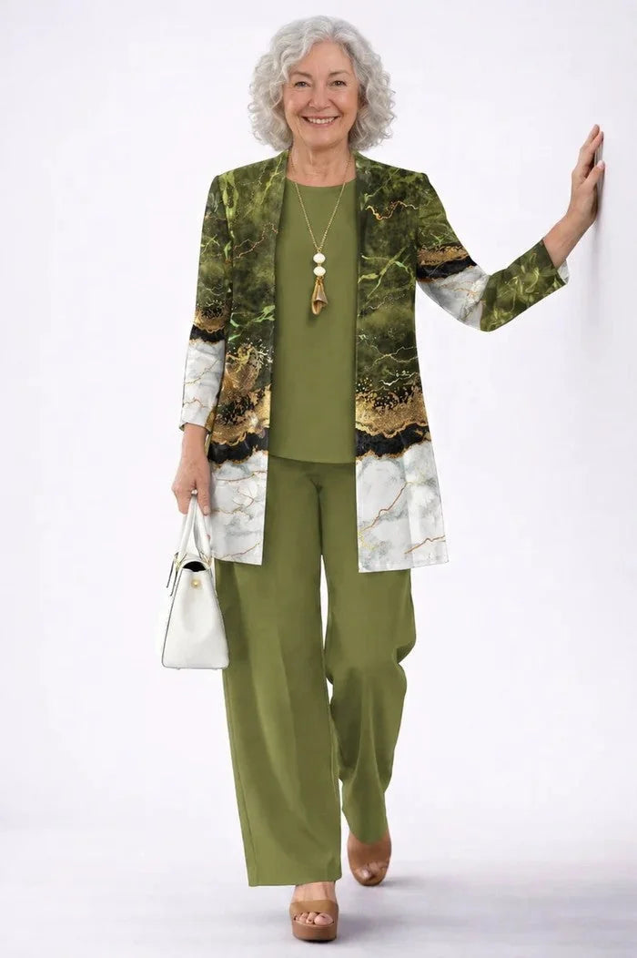 Olive Green Women's Cardigan Pants Set with Open-Front Cardigan & Elastic Waist - Front Wall Pose
