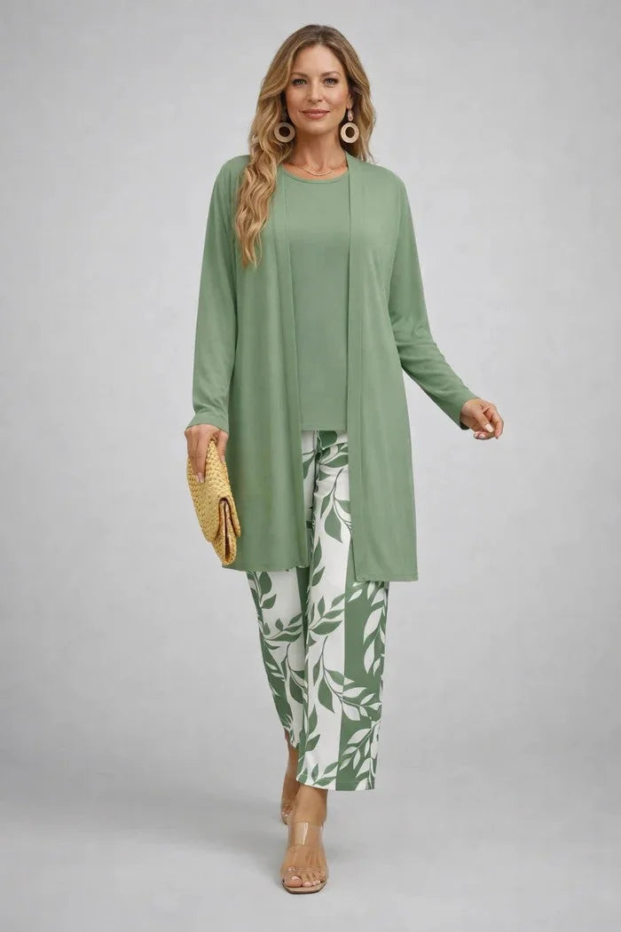 Green White Women's Cardigan Pants Set with Open-Front Cardigan & Elastic Waist - Front Pose