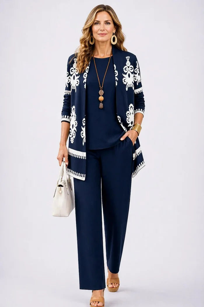 Navy Blue Women's Cardigan Pants Set with Open-Front Cardigan & Elastic Waist - Front Handbag Pose
