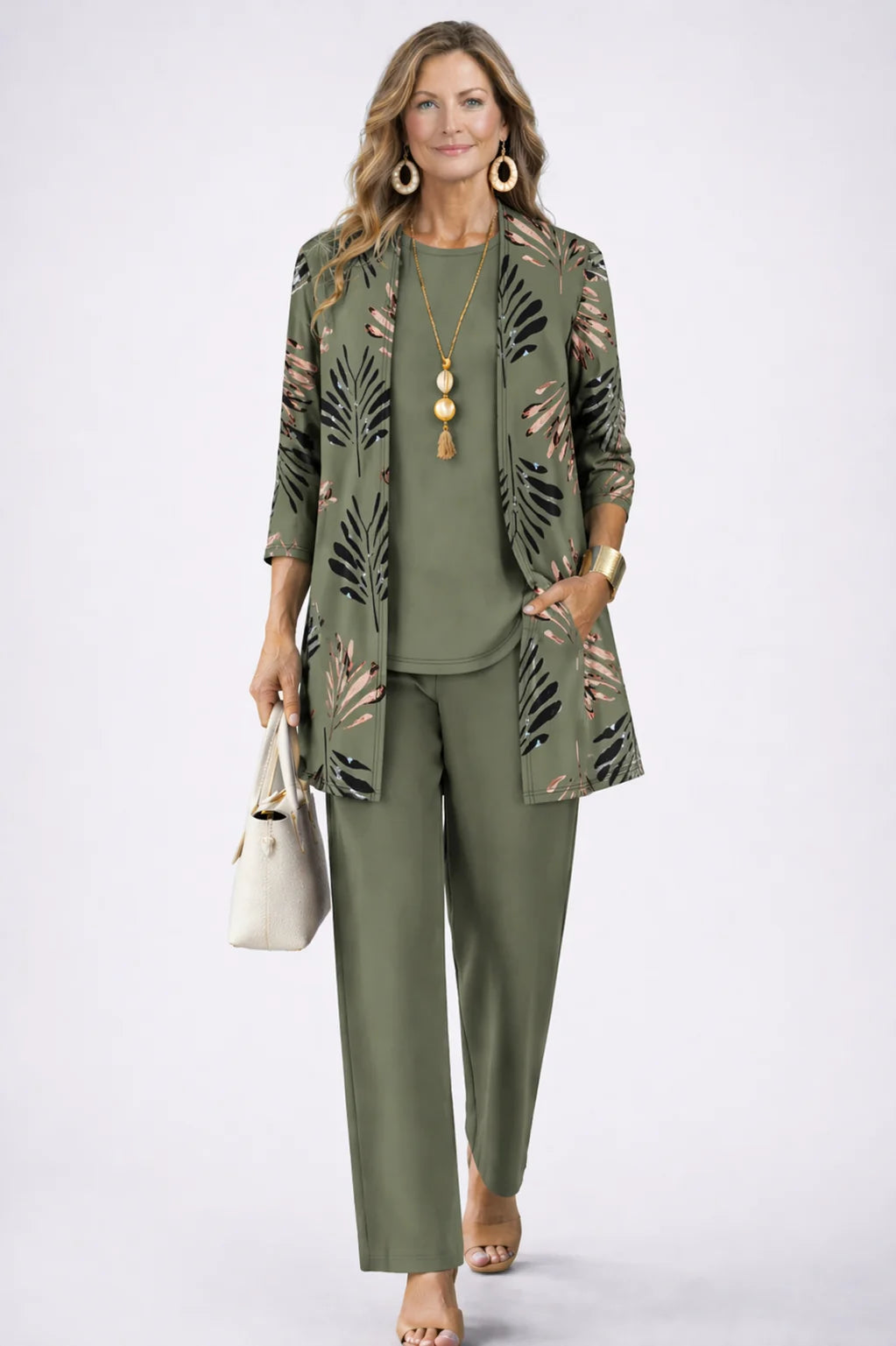 Green Women's Cardigan Pants Set with Open-Front Cardigan & Elastic Waist - Front Full