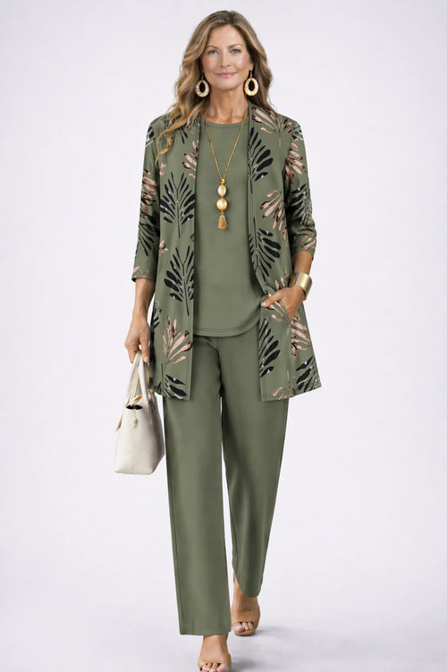 Green Women's Cardigan Pants Set with Open-Front Cardigan & Elastic Waist - Front Full