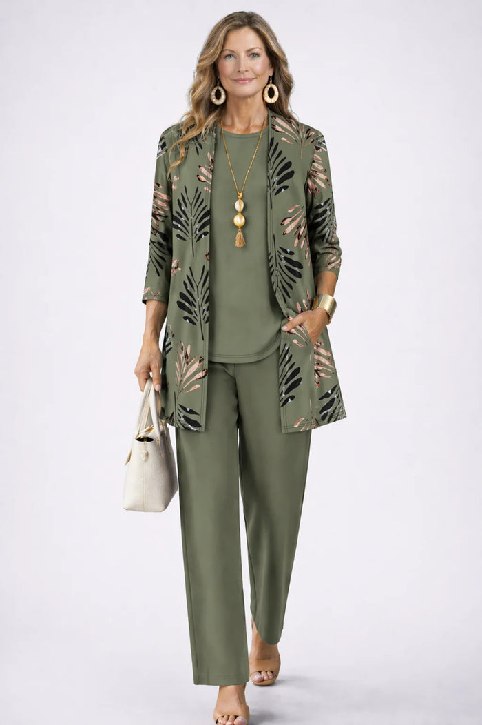 Green Women's Cardigan Pants Set with Open-Front Cardigan & Elastic Waist - Front Full