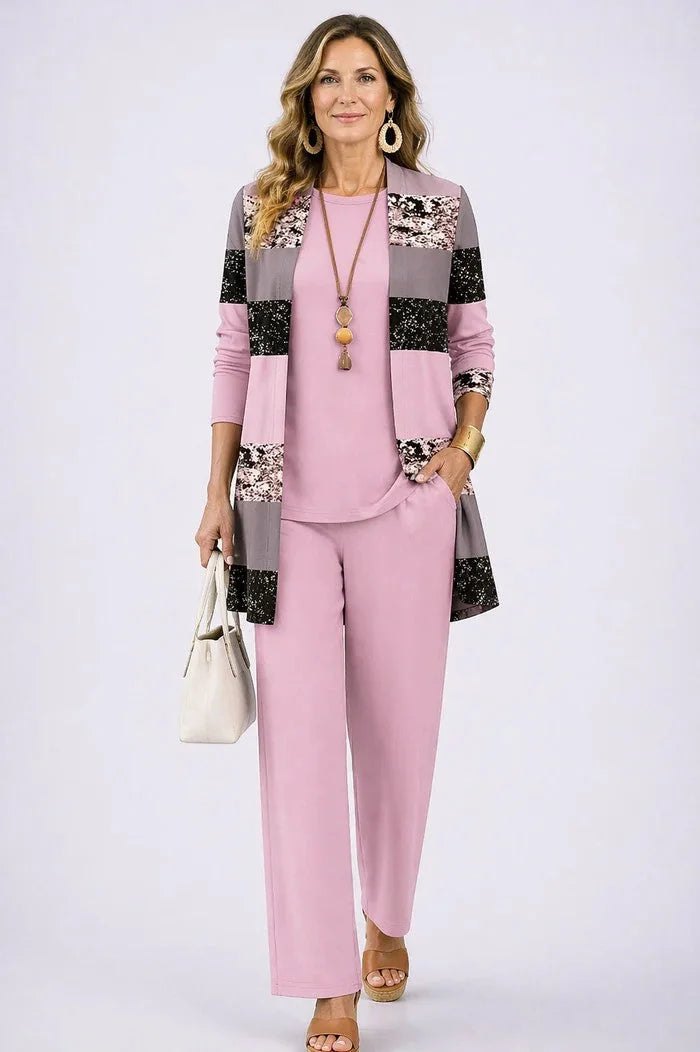 Pink Women's Cardigan Pants Set with Open-Front Cardigan & Elastic Waist - Front Studio